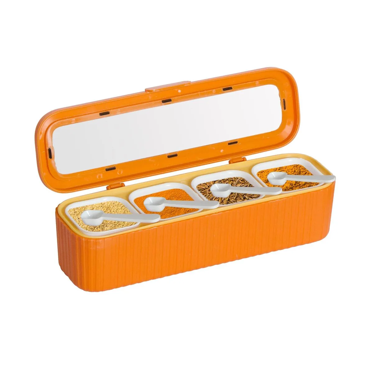 Red four-compartment seasoning box with clear lids and spoons