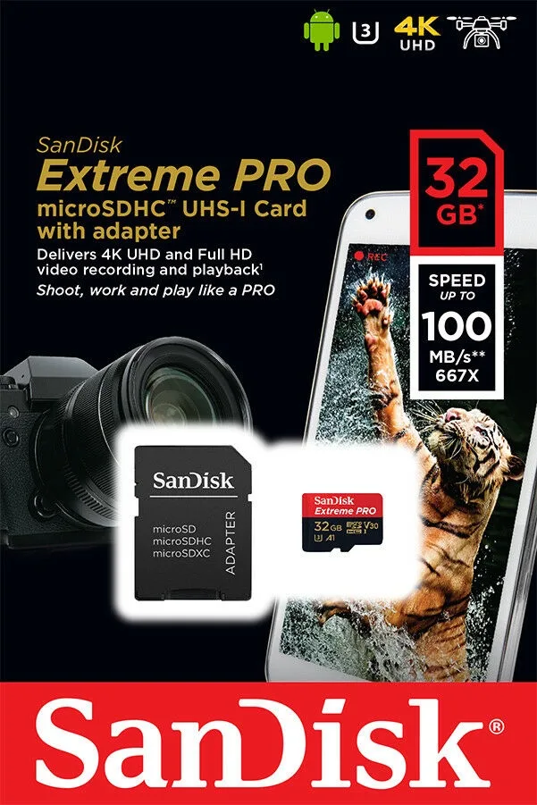 SanDisk SanDisk Extreme Pro 32GB 100MB/s microSDHC UHS-I U3 A1 V30 memory card — product photo