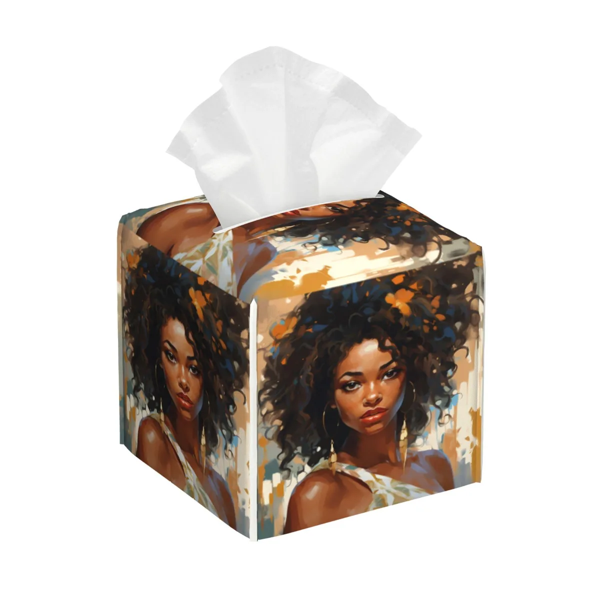 Square PU leather tissue box cover with printed African women design, 5.2 inches on each side