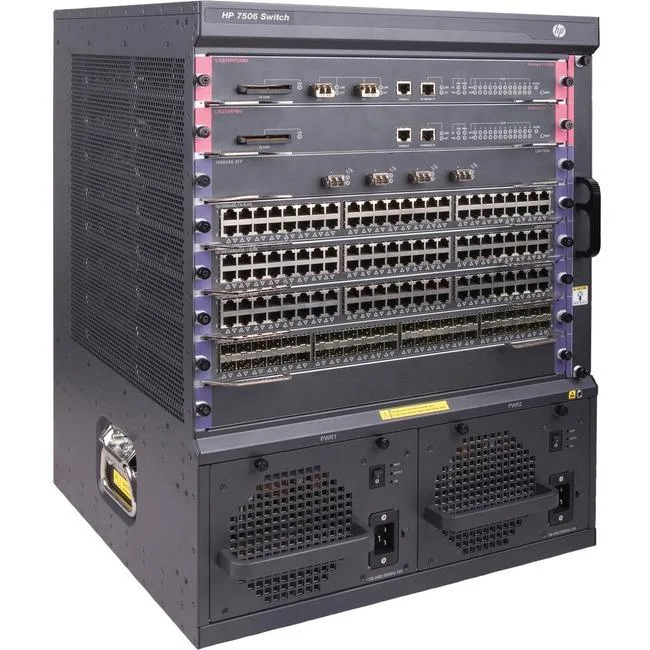 Rectangular metal network switch chassis, silver front panel with ventilation slots and module bays