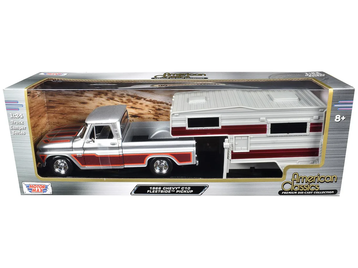 MOTORMAX MOTORMAX 1966 Chevrolet C10 Fleetside Silver Metallic Brown Camper 1/24 Diecast — product photo