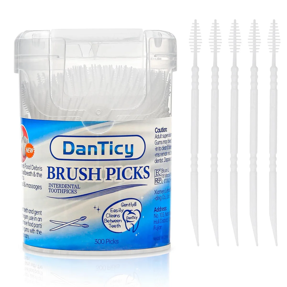White plastic floss picks in a rectangular case, 300 count