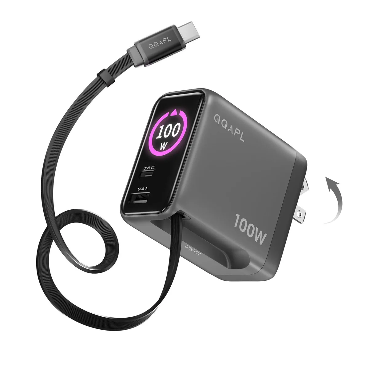Compact white wall charger with retractable USB-C cable and LCD display, foldable plug, two USB-C and one USB-A ports