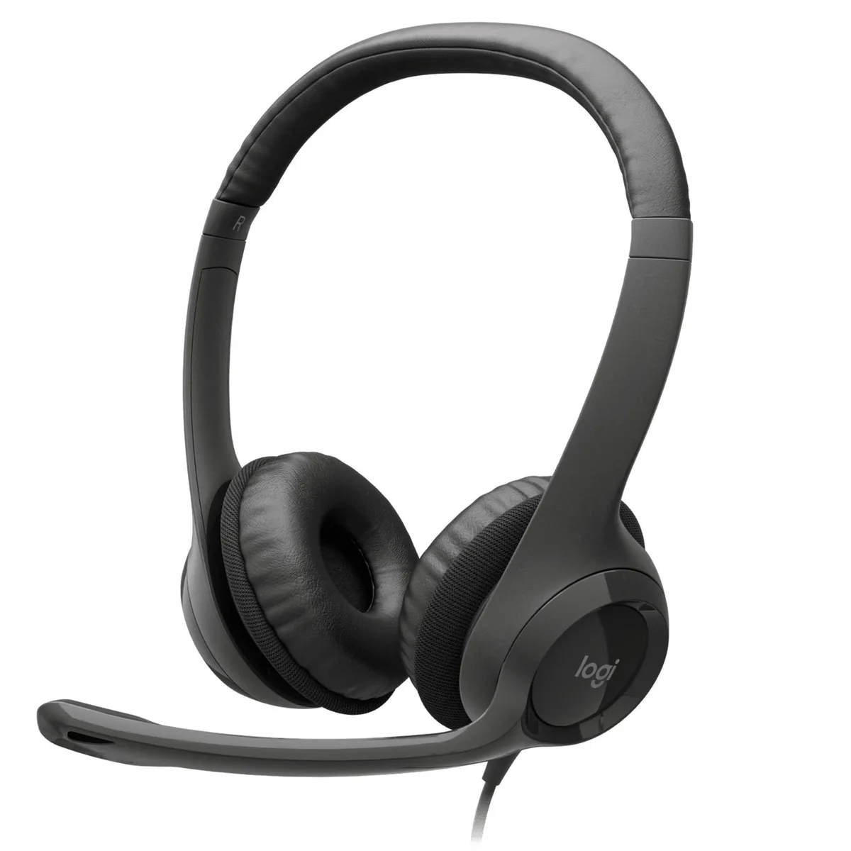 Black over-ear USB headset with adjustable headband, inline controls and boom microphone