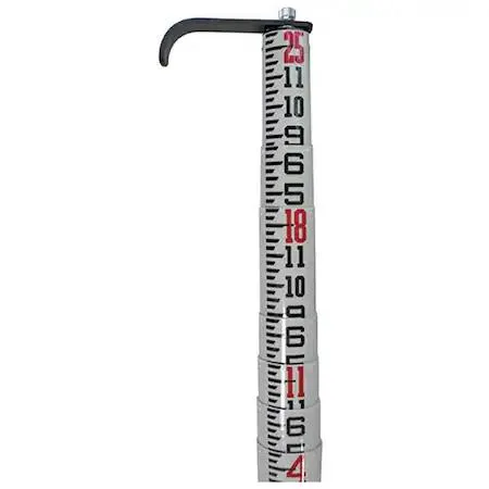 White fiberglass telescoping measuring pole extends to 25 ft with removable hook and carrying bag