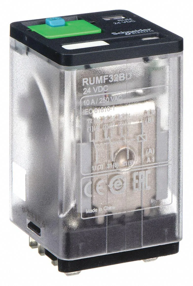 Square plug-in relay with 11 flat pins, enclosed body, LED indicator and lockable push-to-test button