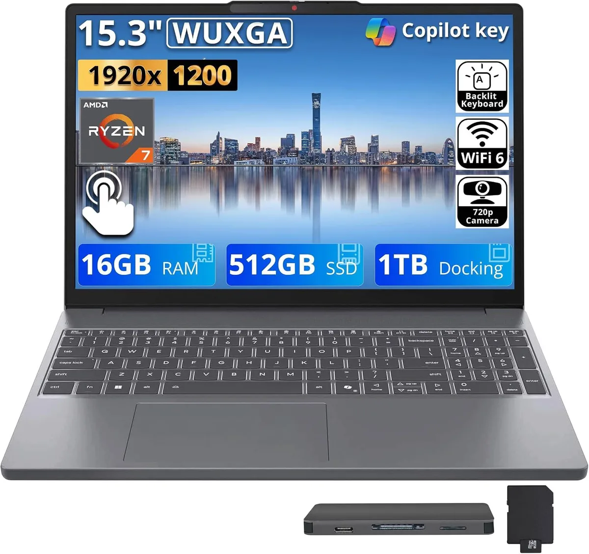 Lenovo Lenovo IdeaPad Slim 3 15.3" WUXGA Touch AMD Ryzen 7 8840HS 16GB 1.5TB Luna Gray — product photo