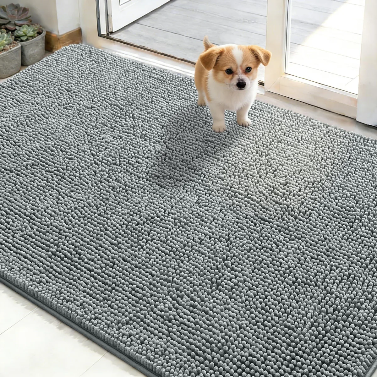  OLANLY Grey Dog Door Mat 48x30 Chenille Non-Slip Washable — product photo