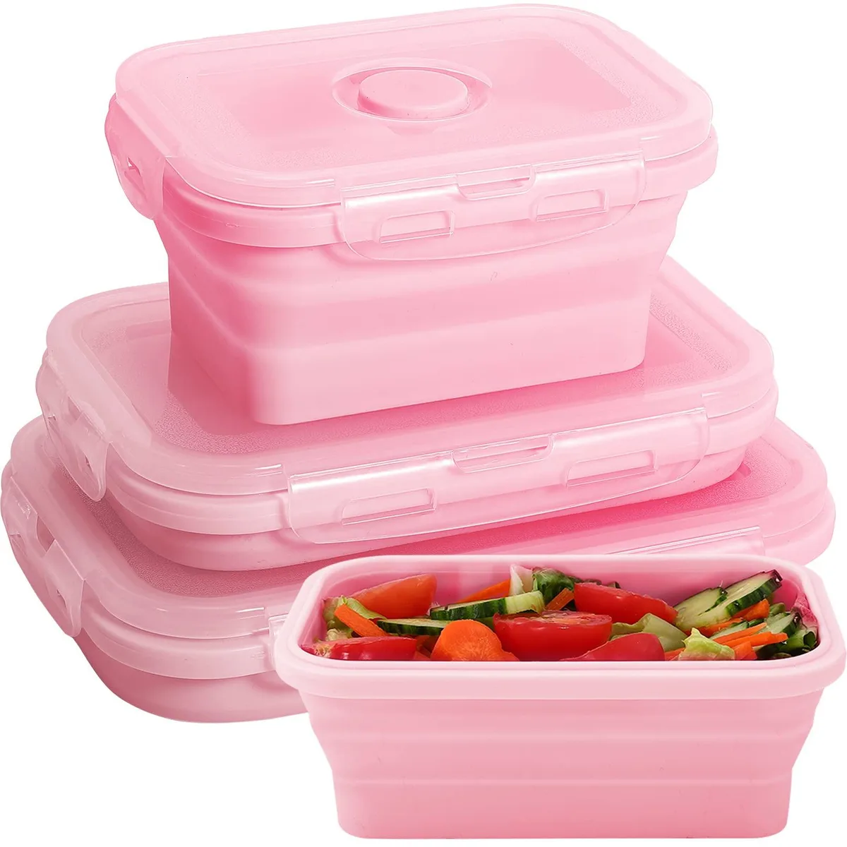 Three red collapsible silicone containers with clear snap-on lids, nested together