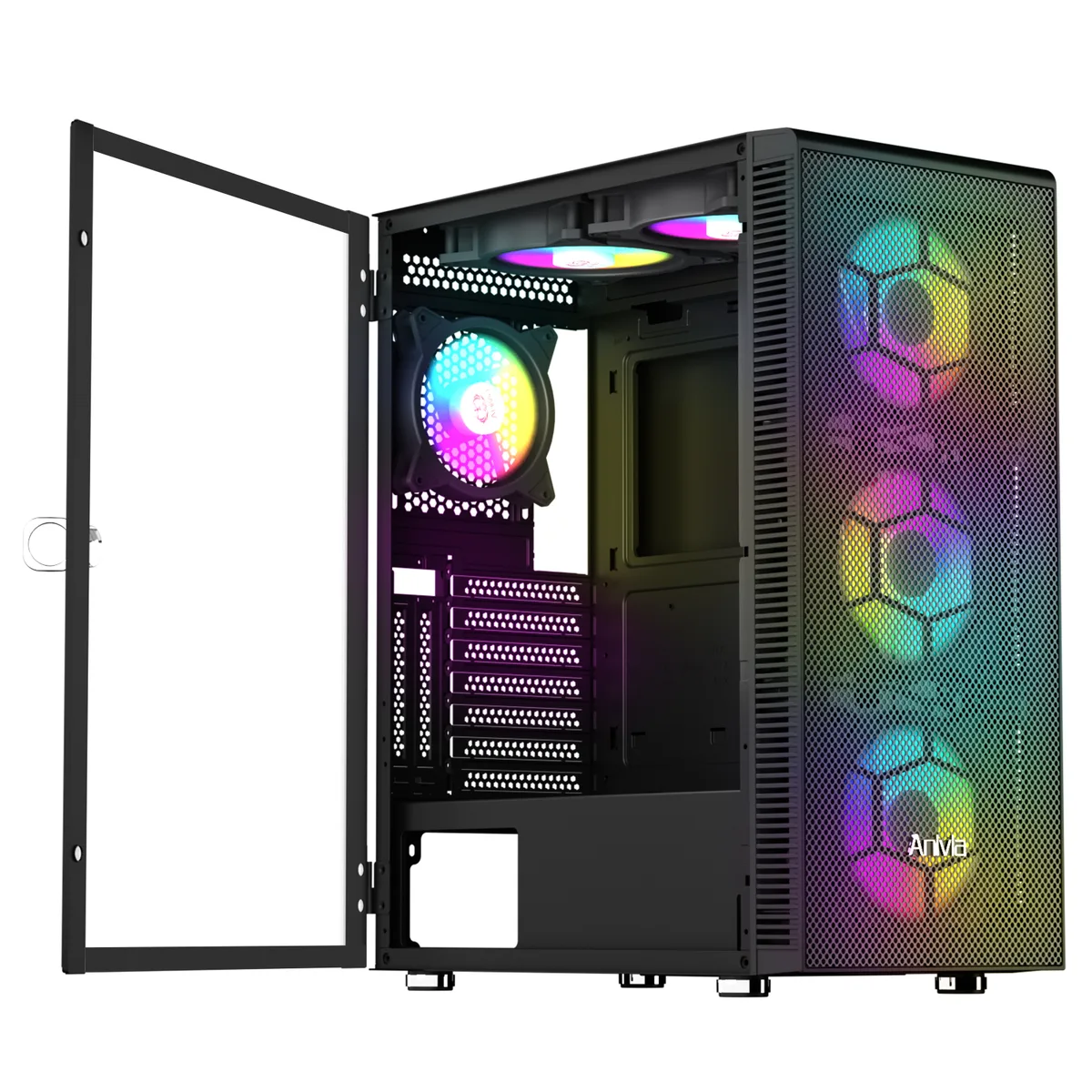 Anivia(China) Anivia(China) ATX Mid-Tower PC Case 6×140mm Rainbow LED Fans Tempered Glass Mesh Front Black — product photo
