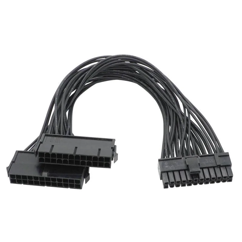 Black 30cm ATX splitter cable with one 24-pin male and two 20+4-pin female connectors