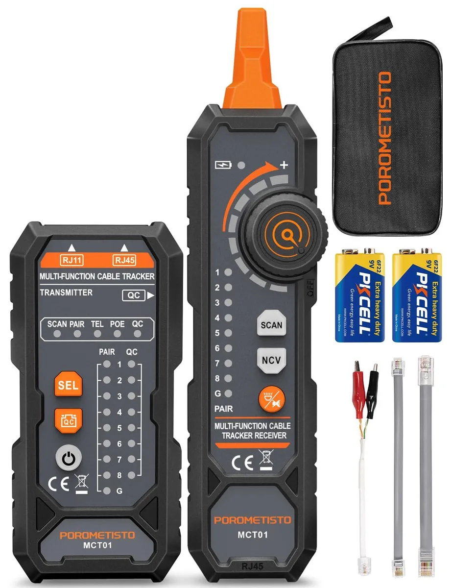 Handheld rectangular tester, dark grey finish, RJ45 and RJ11 ports, probe attached, flashlight on side