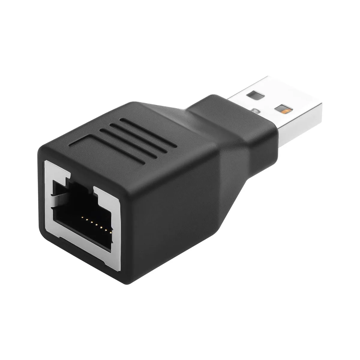Two compact black USB-to-RJ45 adapter pairs with female ports