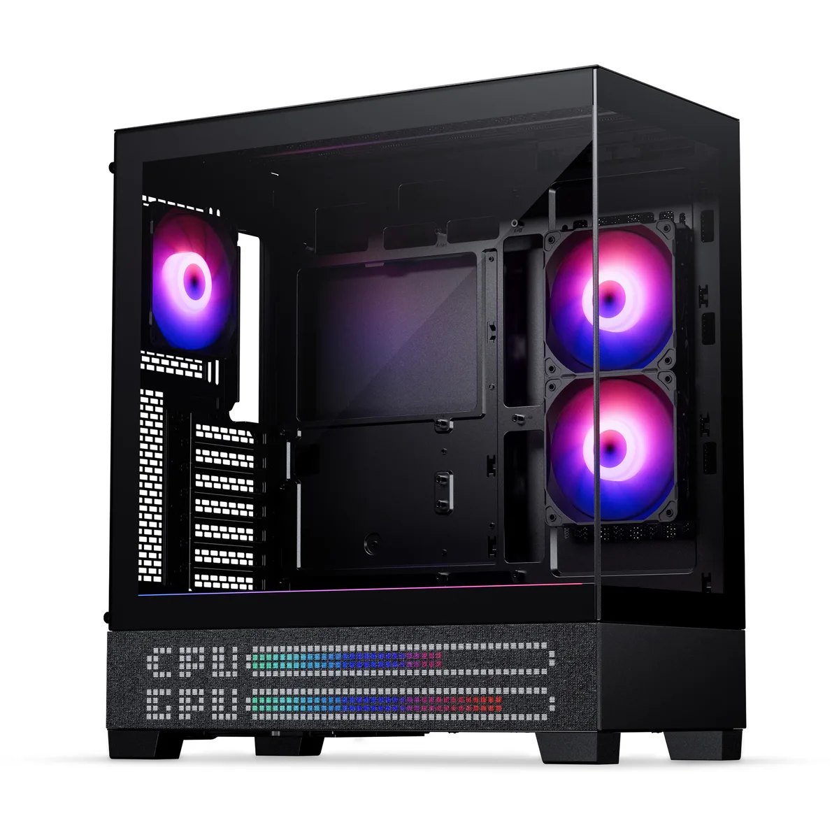 Charcoal-black mid-tower with front fabric panel and tempered-glass side, three D-RGB fans visible