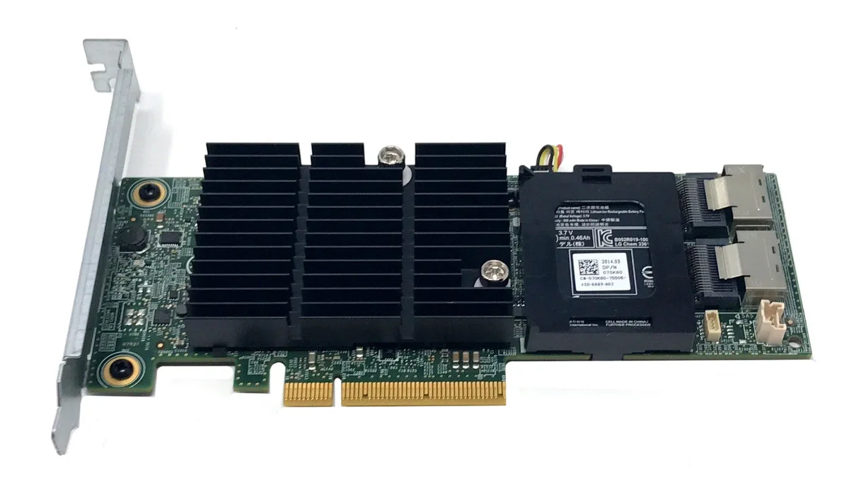 Green circuit board with silver heatsink and two mini-SAS ports