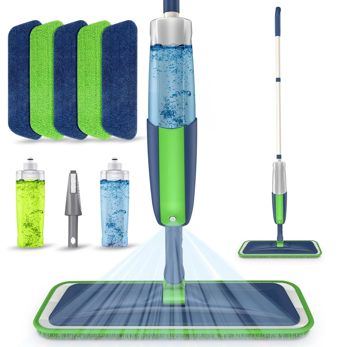 Lightweight white spray mop with 360° swivel head, two 410 ml bottles, five microfibre pads and scraper