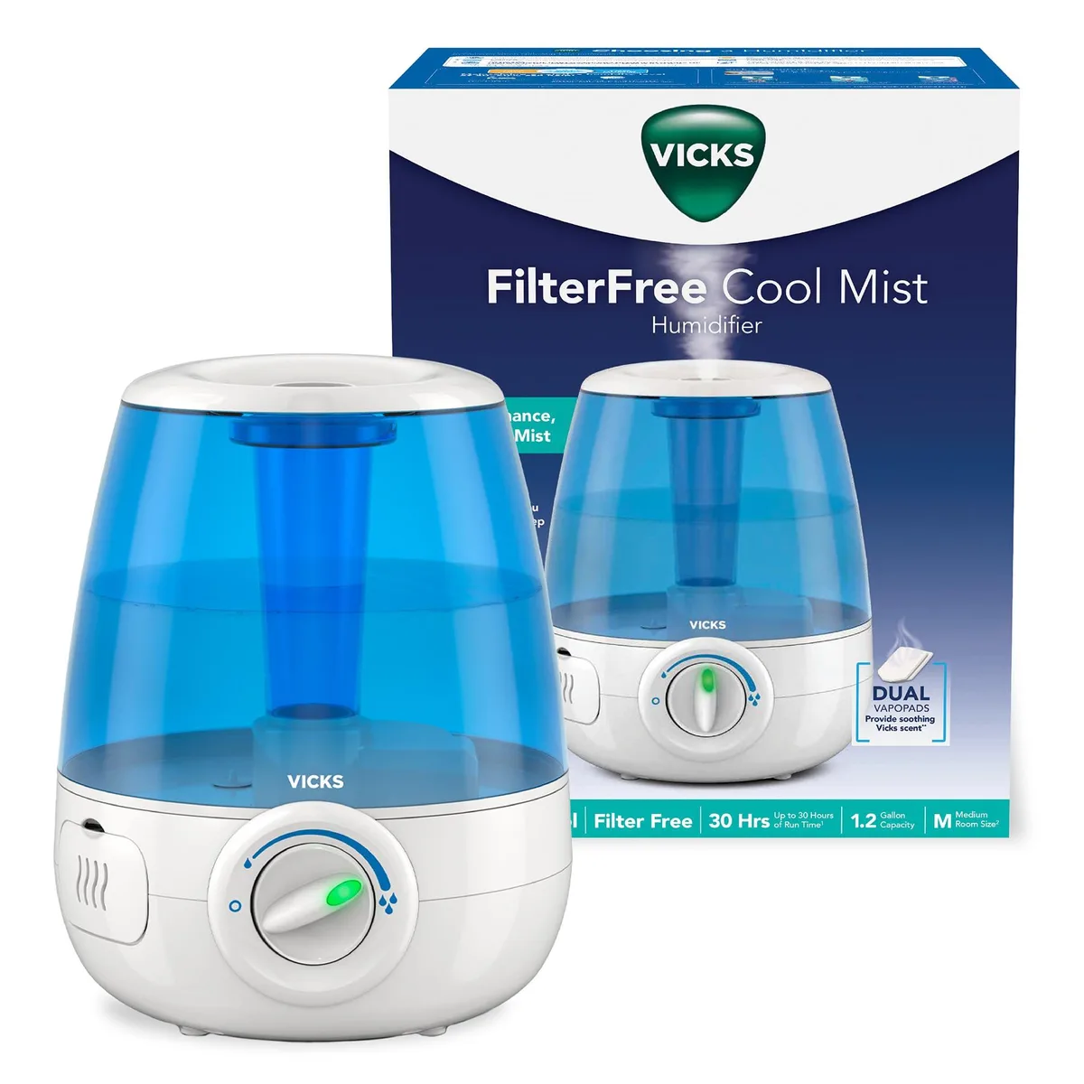 White Vicks ultrasonic cool mist humidifier with 1.2 gallon tank and adjustable mist nozzle