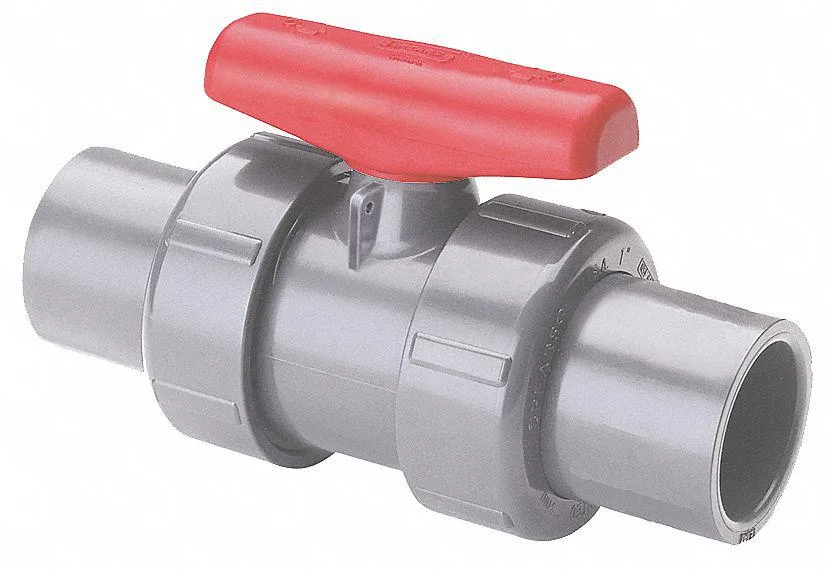 White CPVC inline ball valve with tee handle and socket connections
