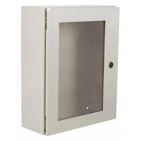 Gray painted carbon steel wall-mount enclosure with clear window and quarter-turn latches, 30 by 24 by 12 inches