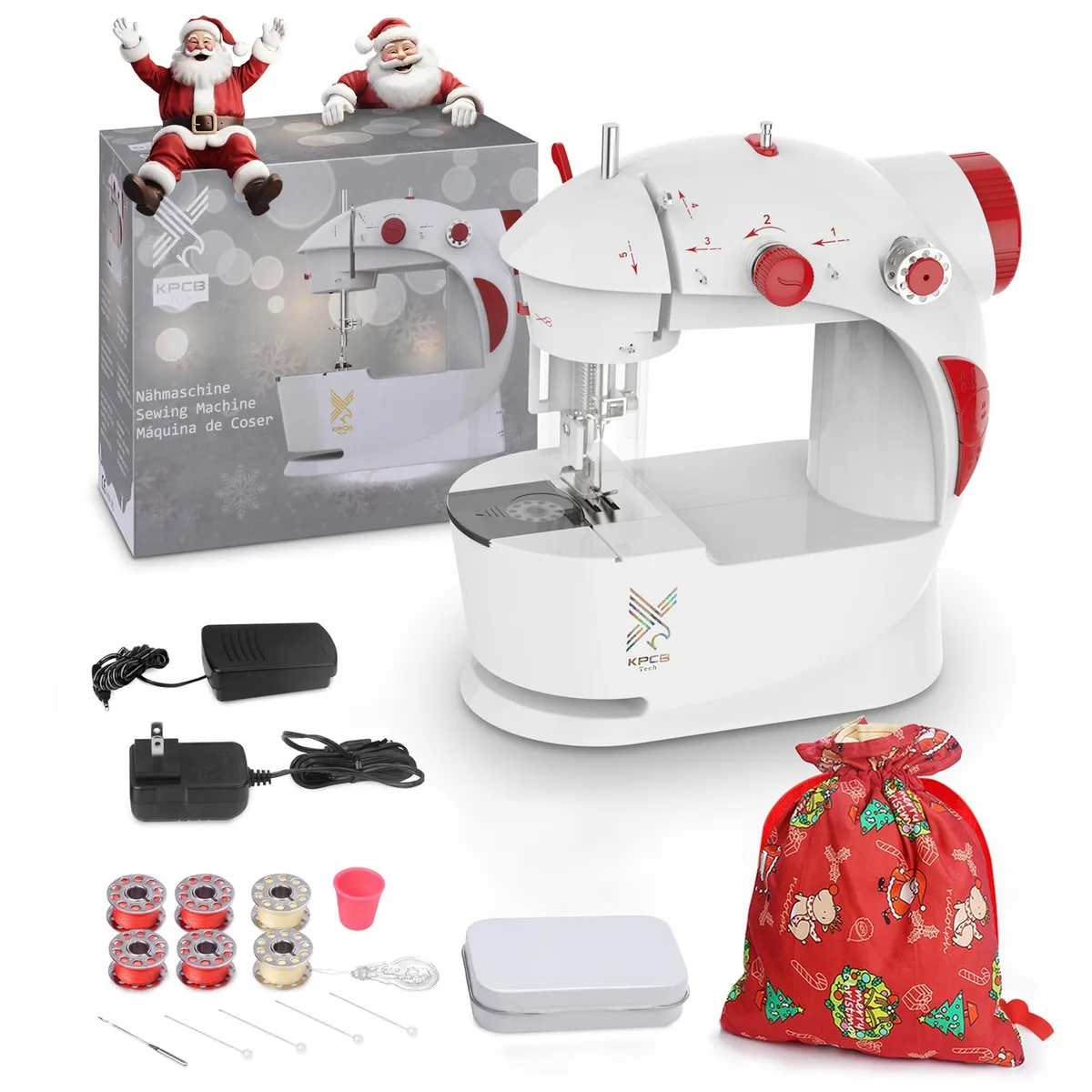 Red mini sewing machine with finger guard, foot pedal, built-in light and cutter, plus DIY fabric kit