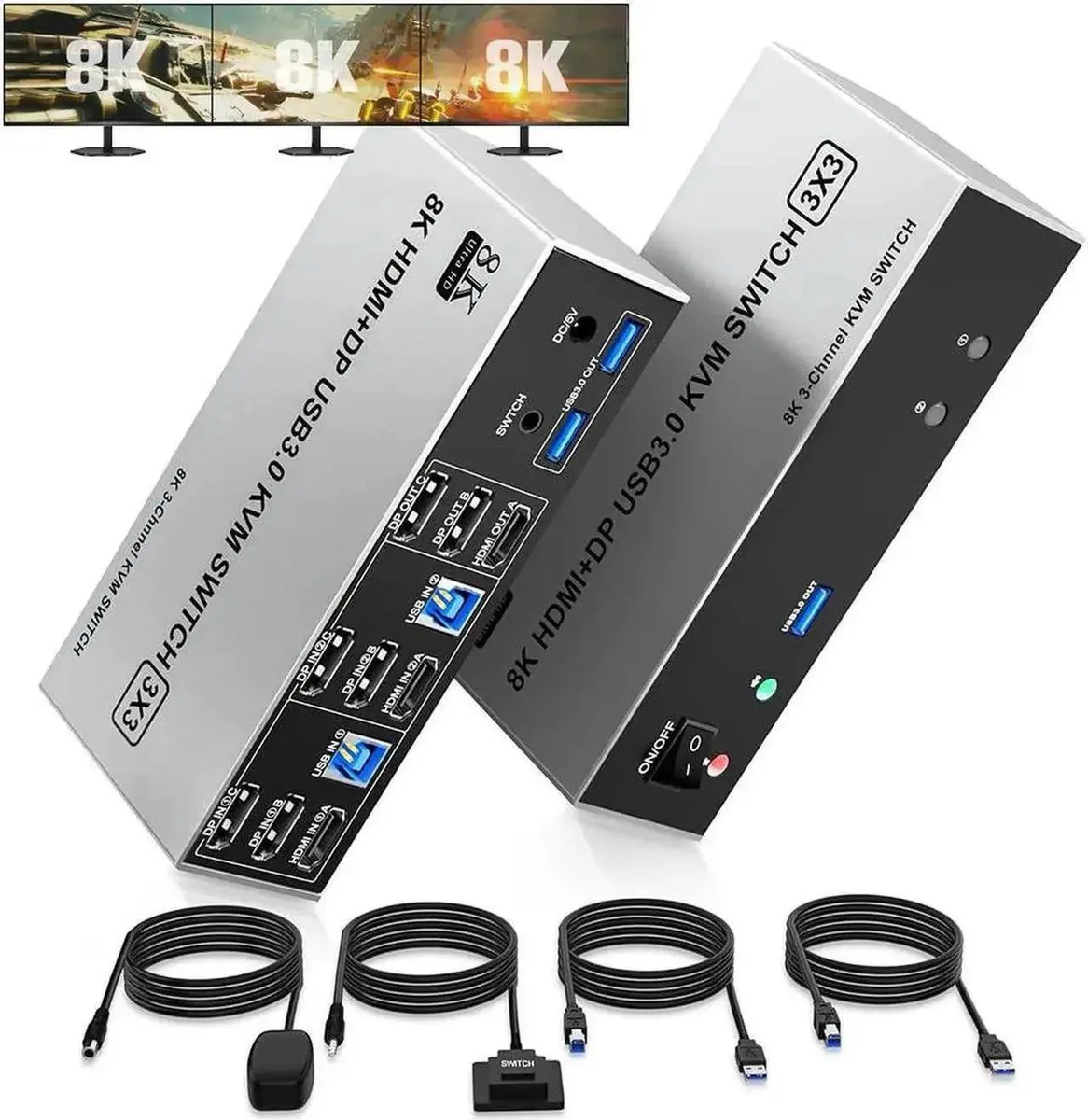 Vszerda Vszerda 8K@60Hz Triple Monitor KVM Switch 2 PC 3 USB 3.0 — product photo