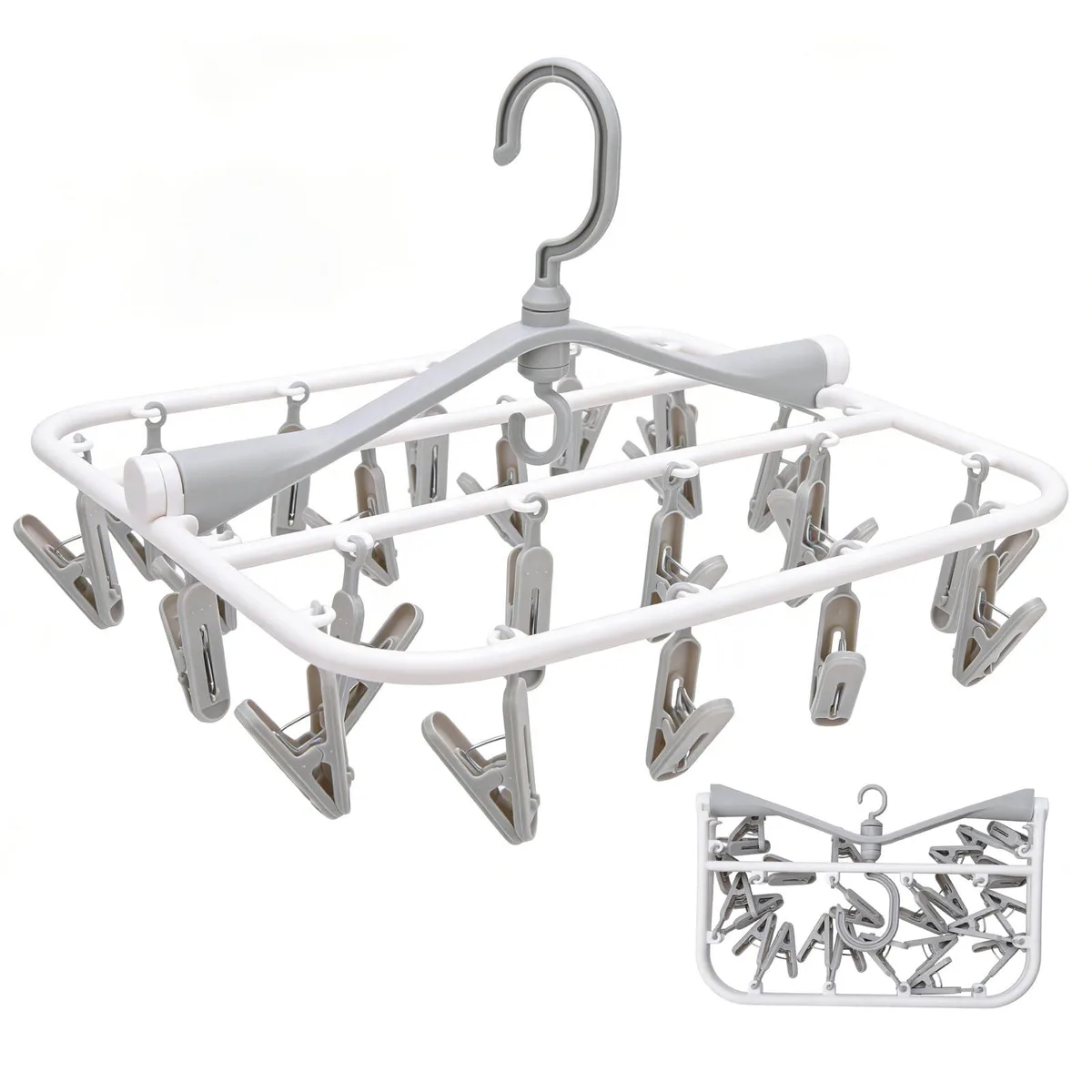 Grey foldable drying rack with 24 clips and 360° rotating hook