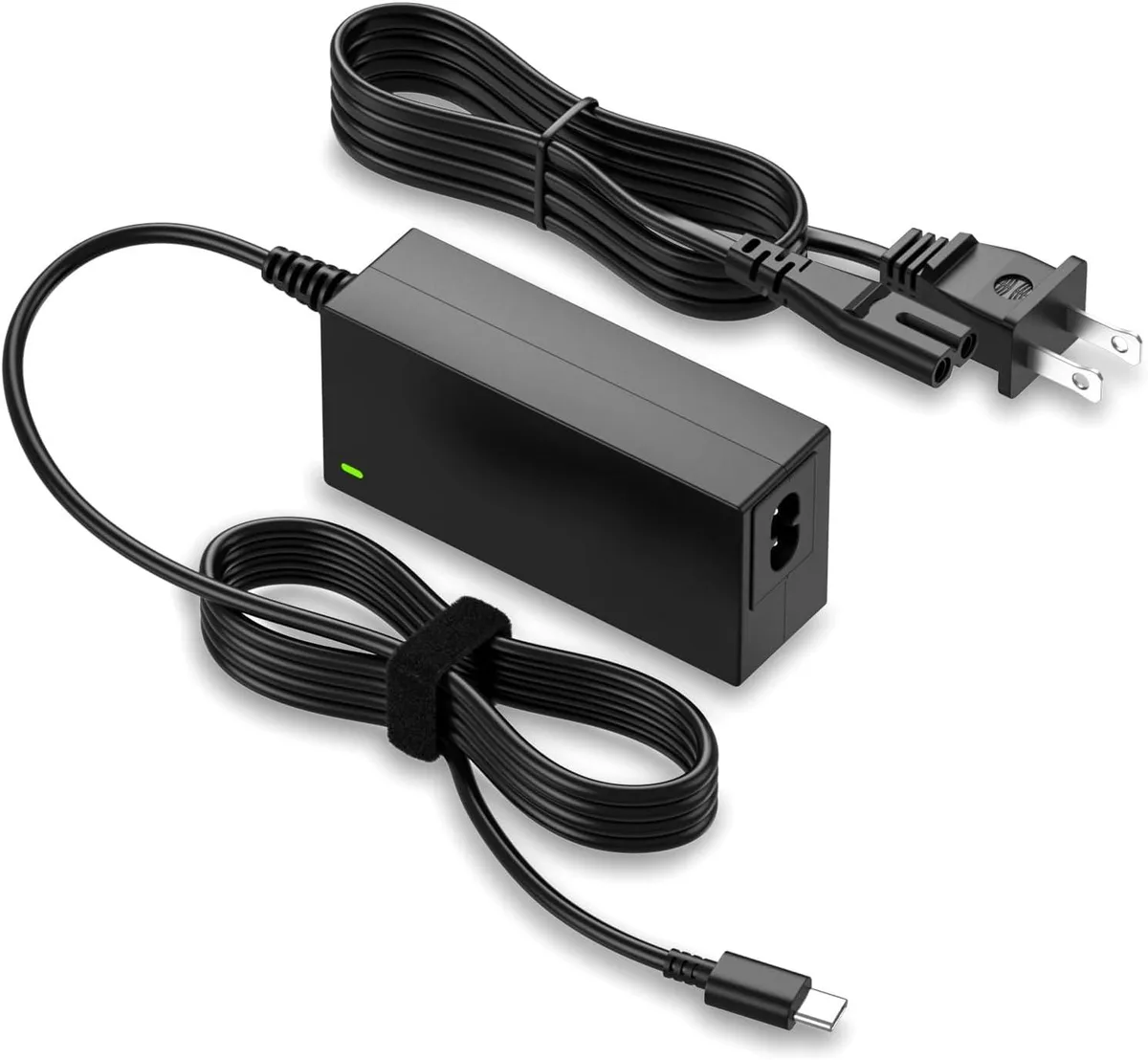 A rectangular black USB-C power adapter with detachable mains cord