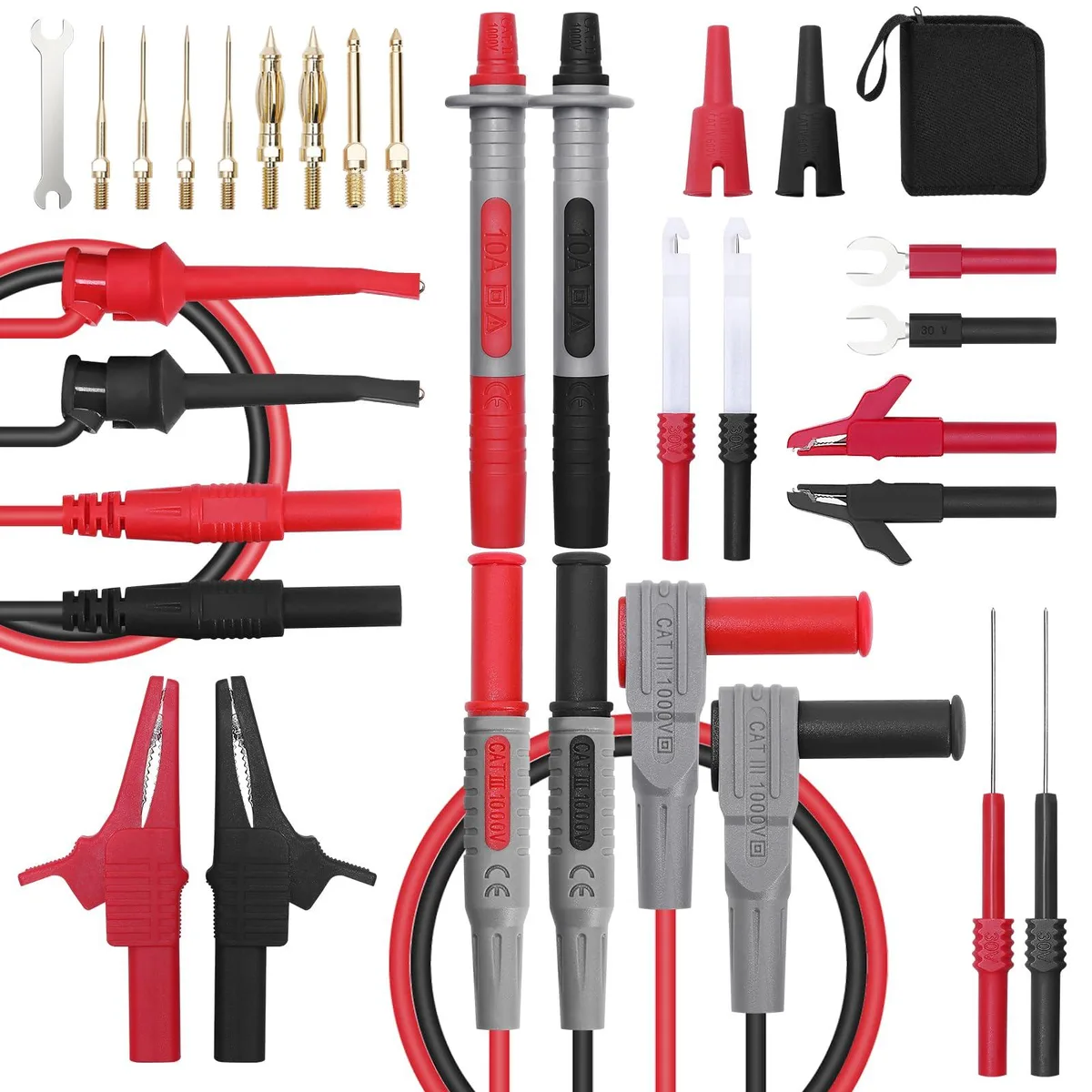 28-piece multimeter test lead kit in tool bag with gold probes, alligator clips, hooks, back probes, banana plugs, silicone leads