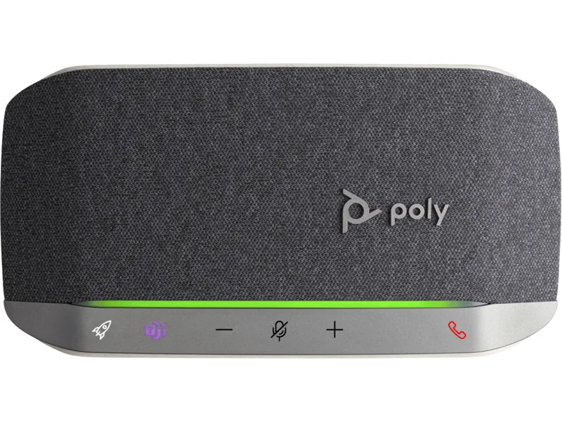 Black rectangular speakerphone with rounded edges, fabric grille, USB-A cable and carry pouch
