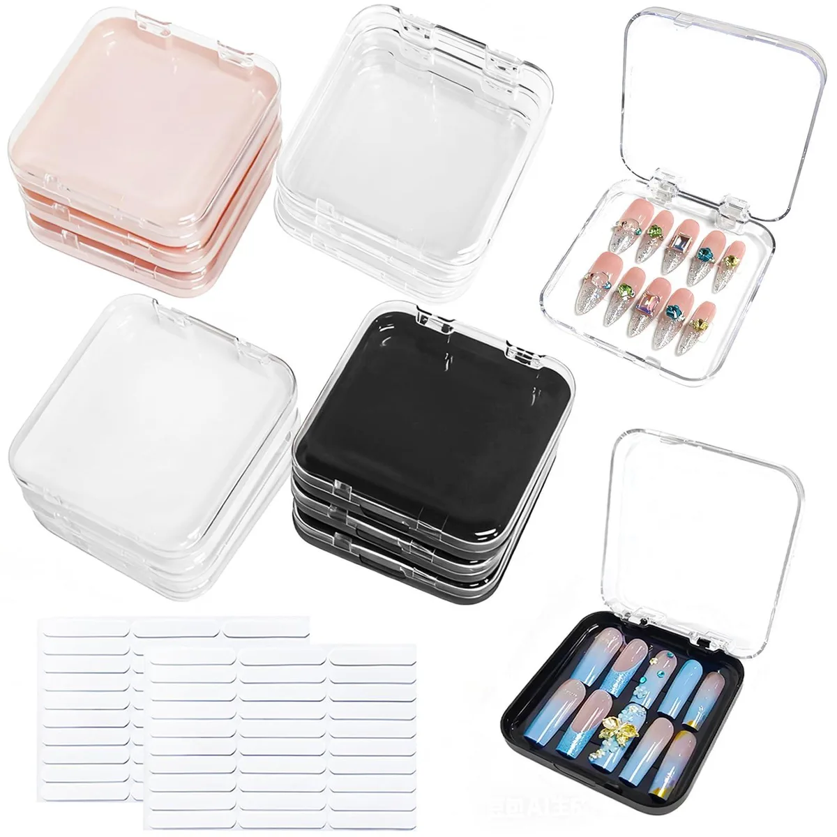 Twelve small square plastic boxes in clear white pink and black with clear lids plus two sheets of pre cut double sided adhesive tape