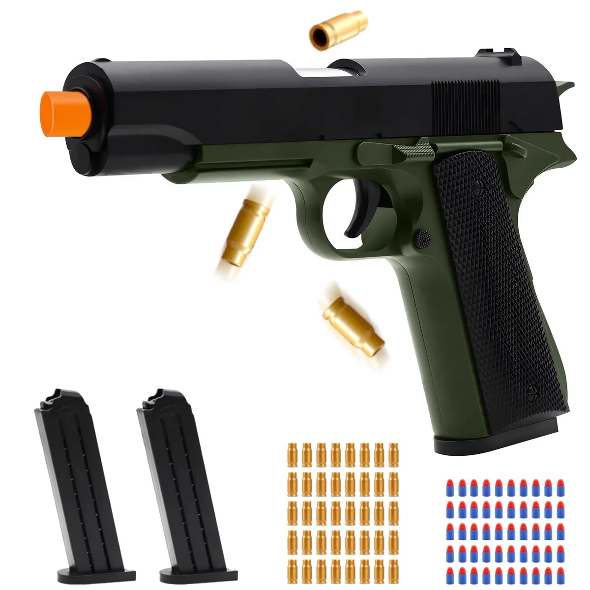  spcozgil Soft Bullet Toy Gun Green 50 Foam Bullets 40 Shells 2 Clips 26-32ft Range — product photo