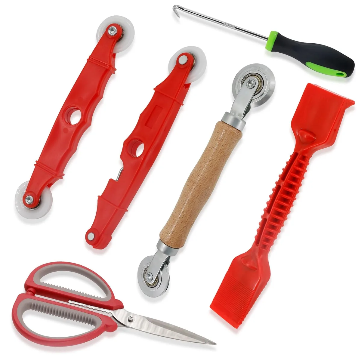 Red 6-in-1 screen repair kit with wooden-handled roller, hook, shovel and scissors
