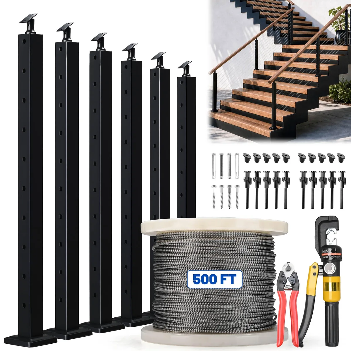 Yescom USA, Inc. Yescom USA, Inc. 25CRP-AX6-SET-11 36" Stair Railing Post Set x6 1/8" Cable Kit 15-25ft — product photo
