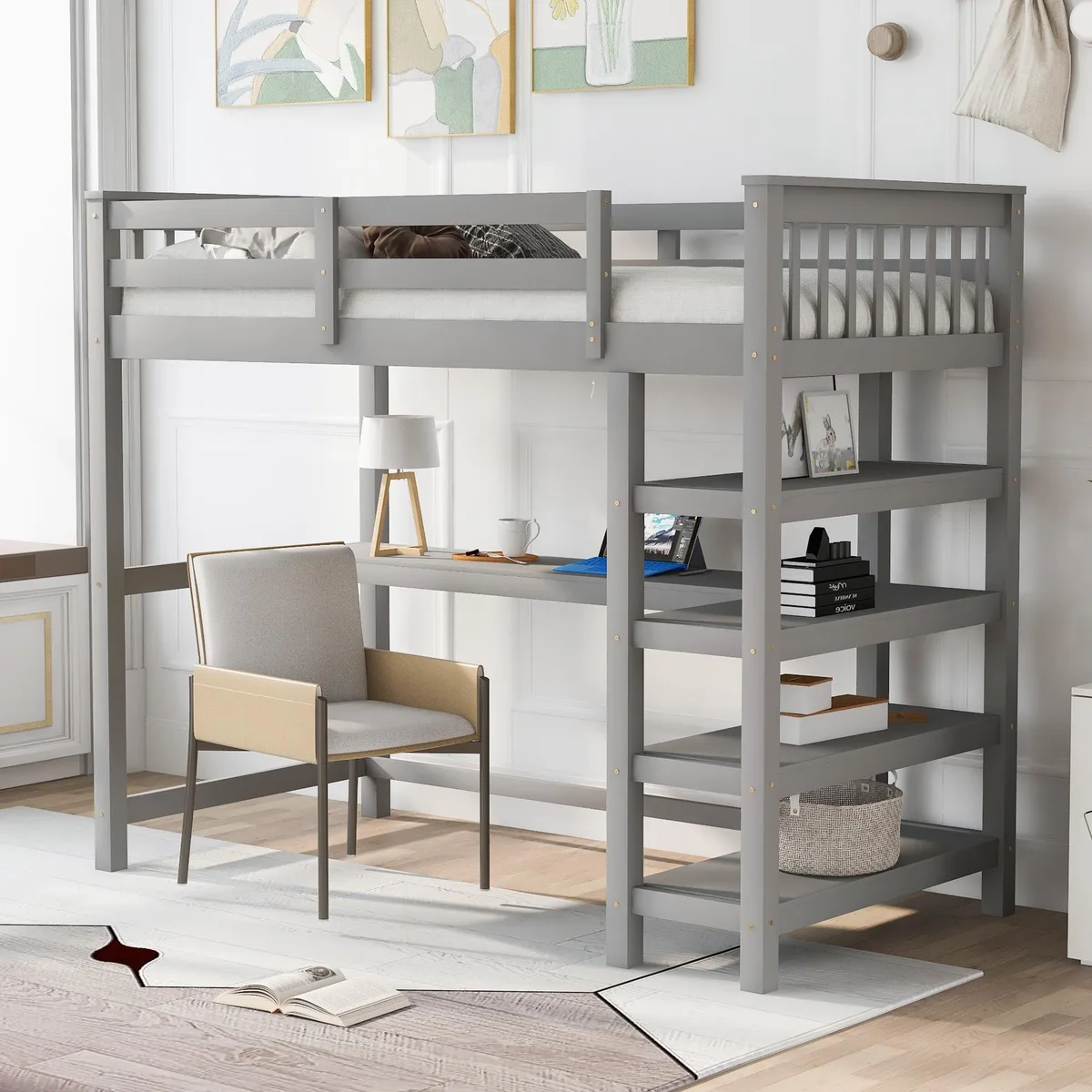 Gray pine loft bed with built-in desk and storage shelves underneath