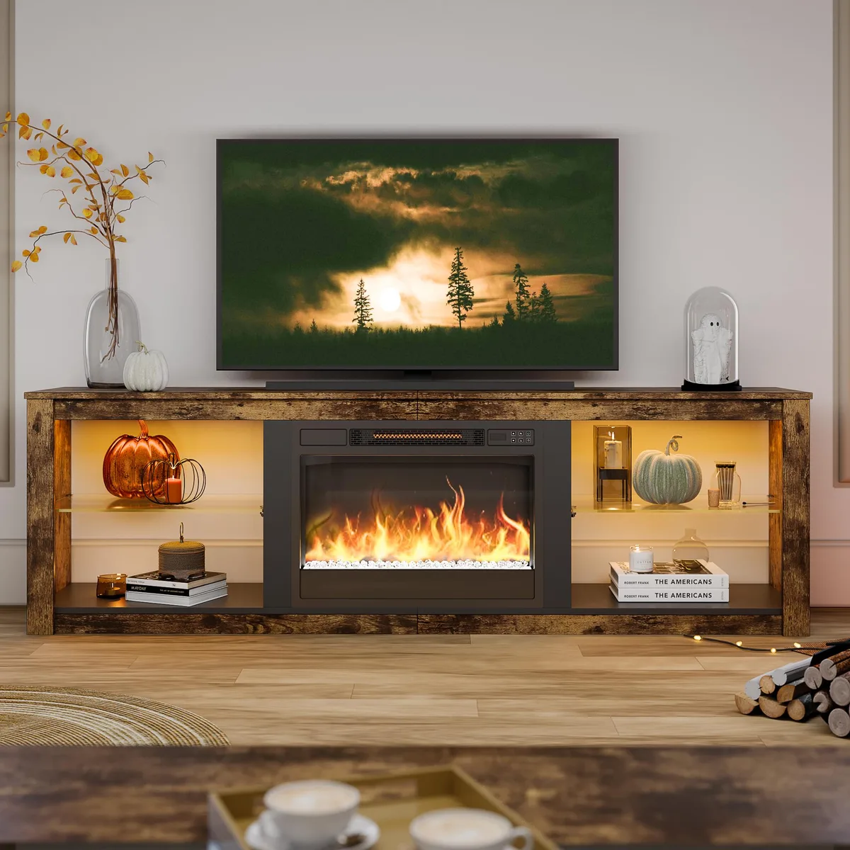 Bestier Bestier 70" TV Stand LED Glass Shelves 75" Brown No Heating — product photo