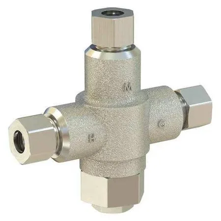 Brass tempering valve with compression fittings, compact square body