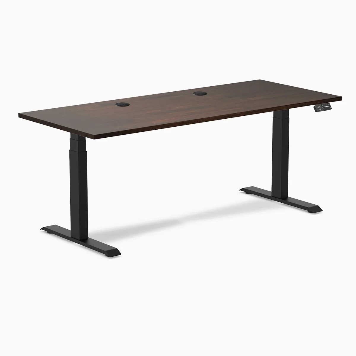 Desky Desky Dual Rubberwood Sit Stand Desk 72 x 30 inches Dark Walnut Matte Black with Grommets — product photo