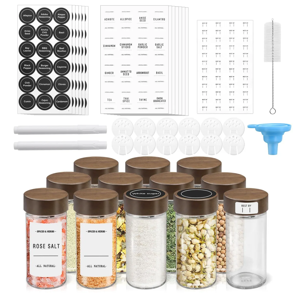 Twelve round glass spice jars with acacia wood lids, shaker tops, labels, pen, funnel and brush