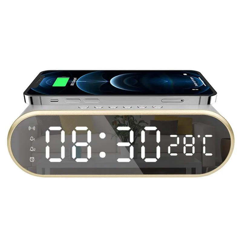 Silver rectangular alarm clock with wireless charging pad, ABS finish, 160 x 75 x 51 mm
