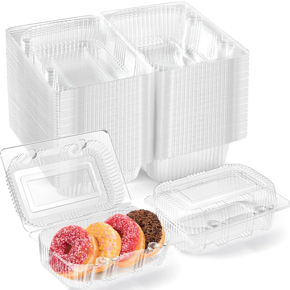 Stack of forty clear rectangular hinged clamshell containers, red tint, 7.2 by 4.7 by 3 inches