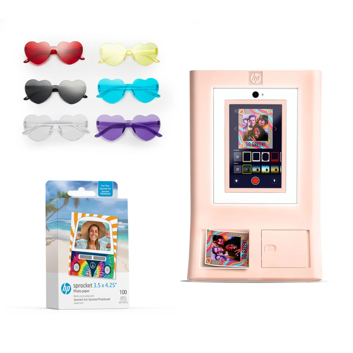 HP HP Sprocket Photo Booth Machine Instant Color Photo Printer Pink 100 Sheets Zink Paper 6pc Heart Glasses — product photo