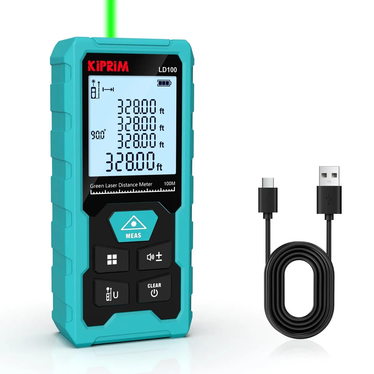 Kiprim Green Laser Distance Meter 328ft ±1/16" 10 Modes USB-C 700mAh LD100 — product photo