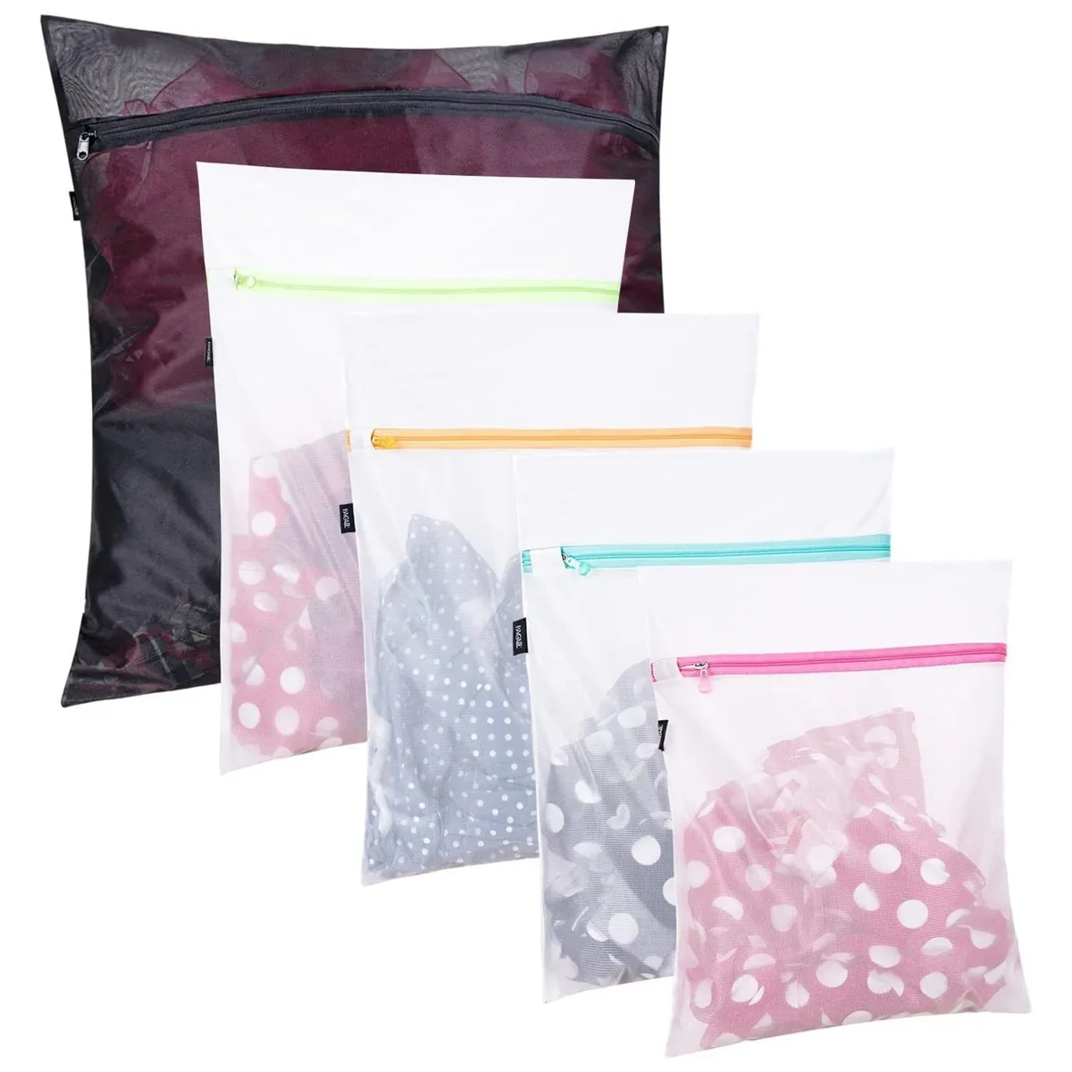 Five beige rectangular mesh laundry bags with zipper covers lying flat