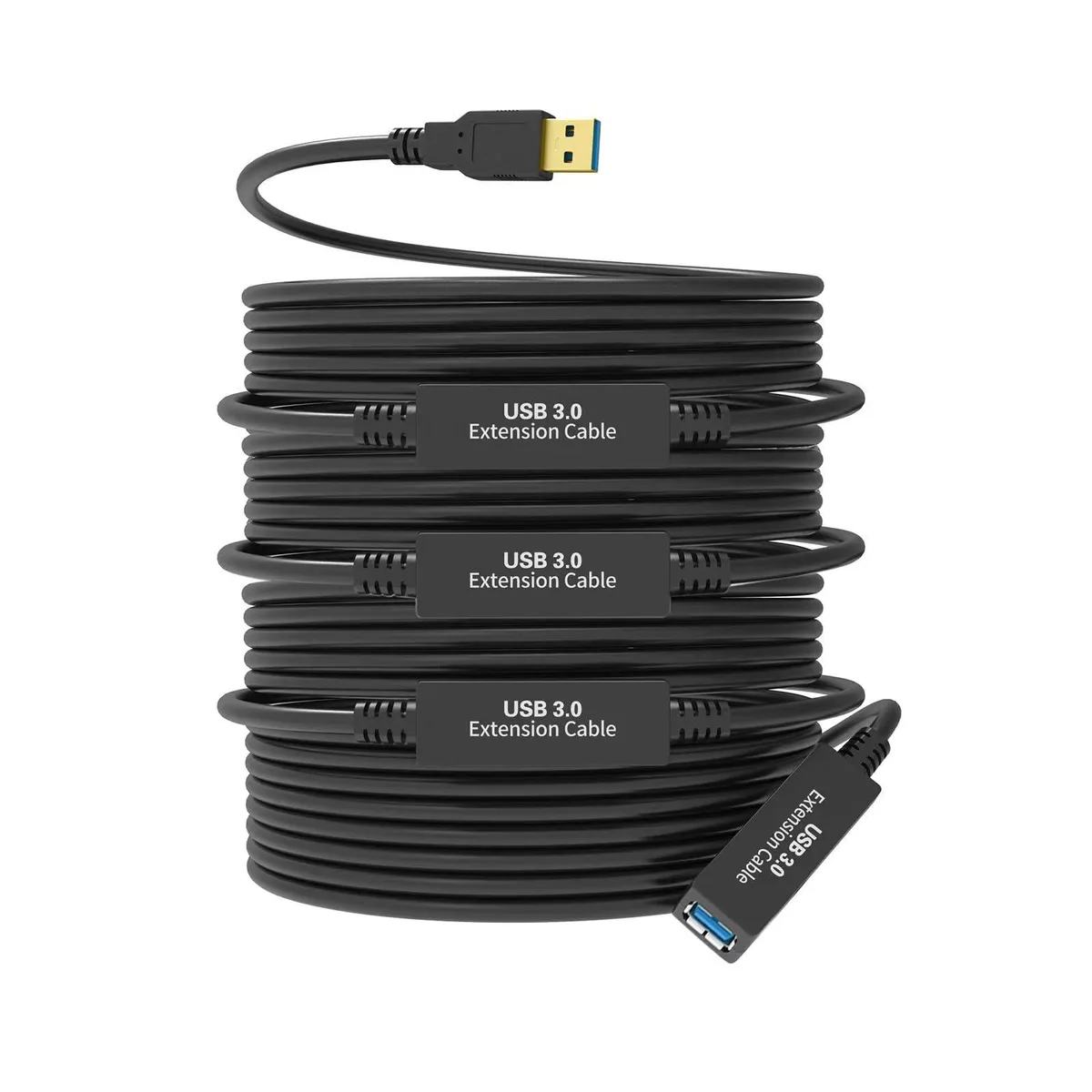 Black 100ft USB 3.0 active extension cable with male and female Type A connectors and gold-plated contacts