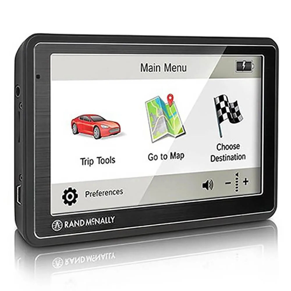 Rectangular black GPS unit with touchscreen display and dashboard mount