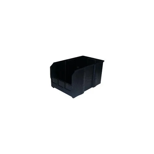 Black carbon-filled polypropylene storage bin with label holder, hang-and-stack design