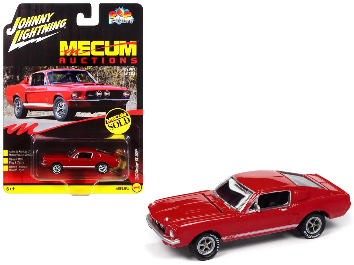 JOHNNY LIGHTNING JOHNNY LIGHTNING 1967 Shelby GT-350 Red White Stripes Mecum Pop Culture 2024 1/64 Diecast hobby collectible — product photo