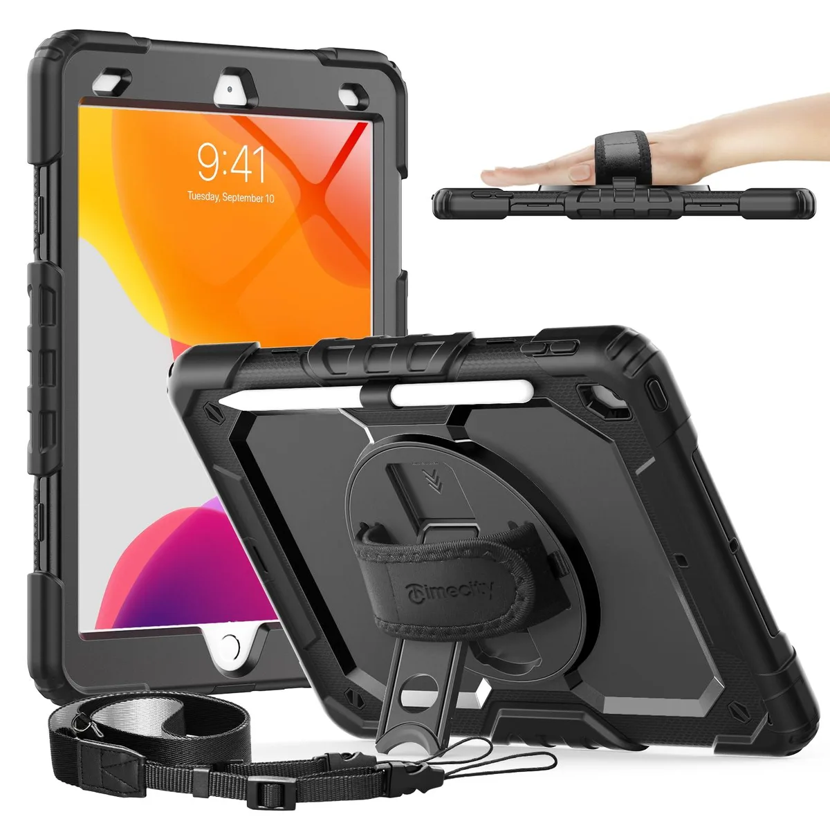  Speck iPad 10.2" 7th/8th/9th Gen Heavy-Duty Case with Screen Protector, Rotating Stand &amp; Strap (Black) — product photo