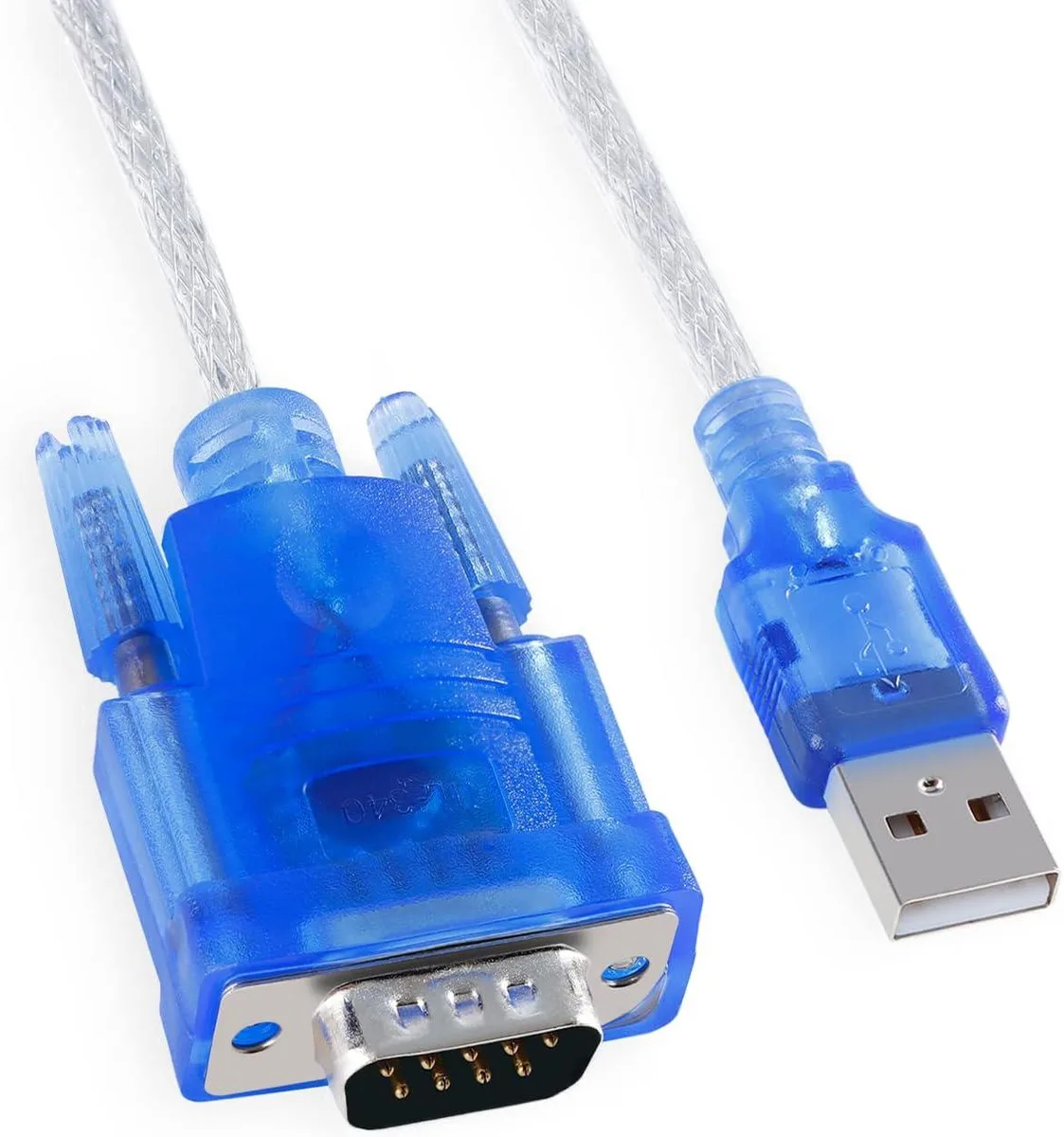 Black USB-A to DB-9 serial adapter cable with moulded connectors