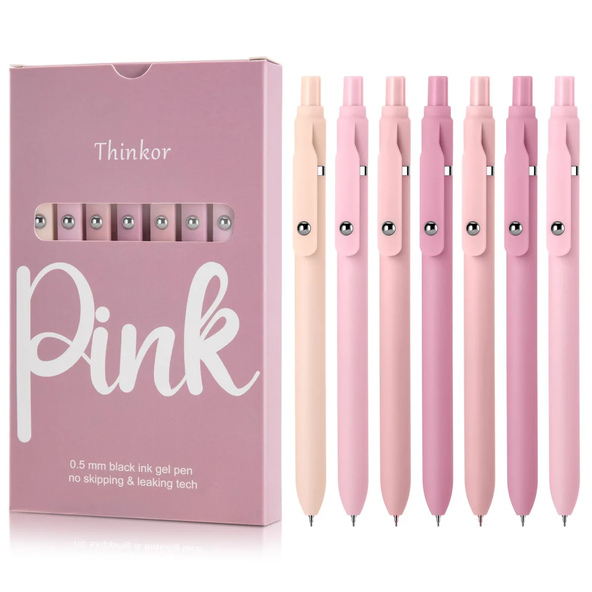 Seven pink gel pens with black ink in a row